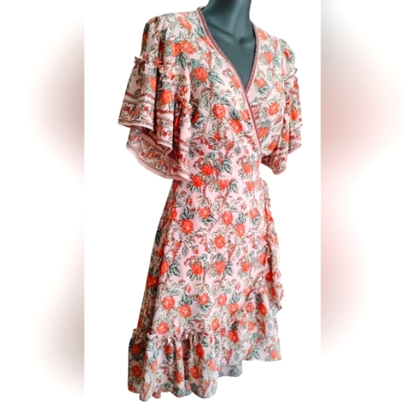 Max Studio | EUC Rose Floral Print Ruffle Sleeve Wrap High Low Dress | XS - Picture 3 of 13